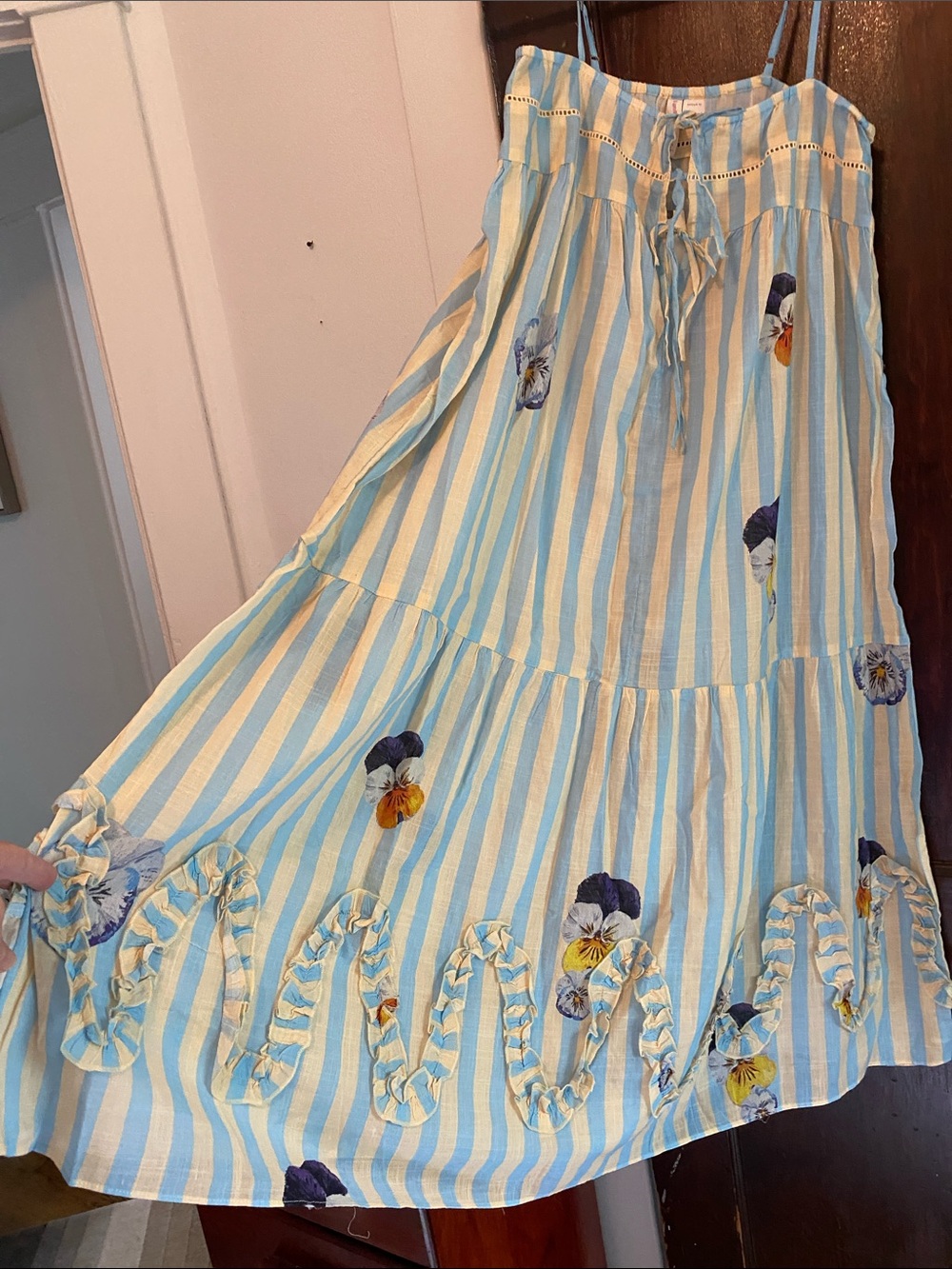 Anthropologie lyrebird nightie sundress Blue and White Striped Floral Maxi XS